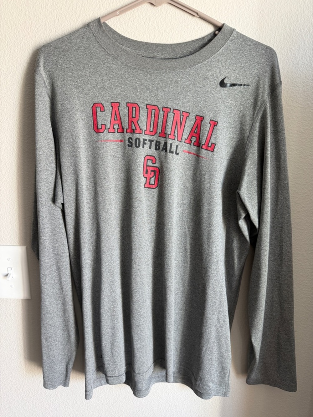 Nike Gray and Red Cardinal Softball Long Sleeve Tee